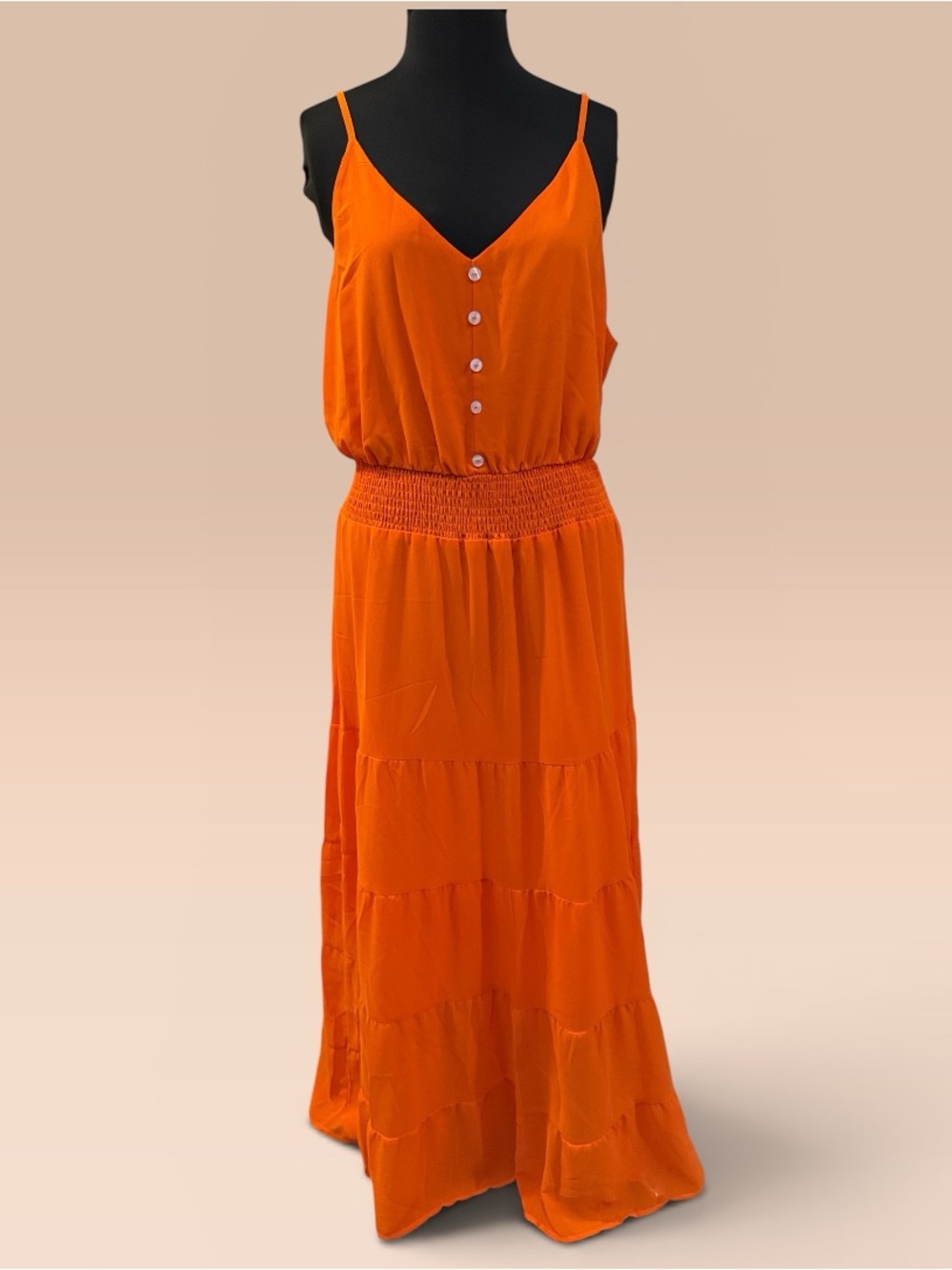 Orange Smocked-Waist Maxi Dress with Button Front